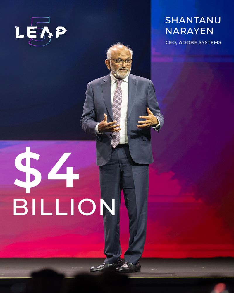 Shantanu Narayen, CEO of Adobe, speaking at LEAP 5 with $4 billion on screen