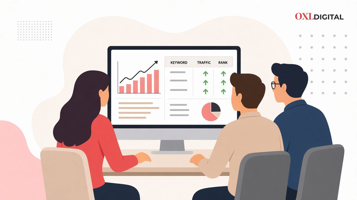 Illustrated team reviewing keyword rank, traffic, and conversions on one dashboard